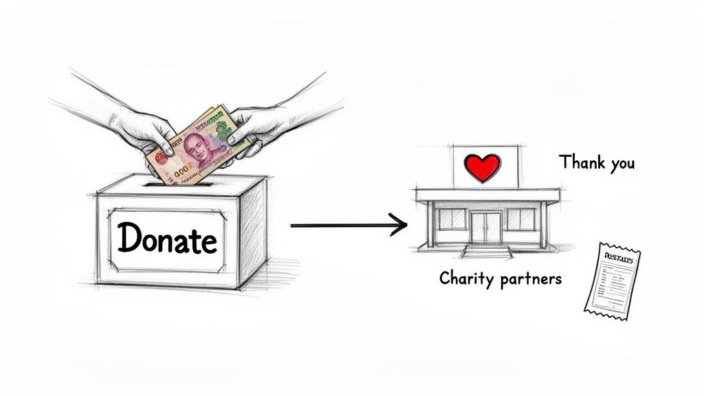 Hands depositing Thai Baht notes into a 'Donate' box for charity partners.