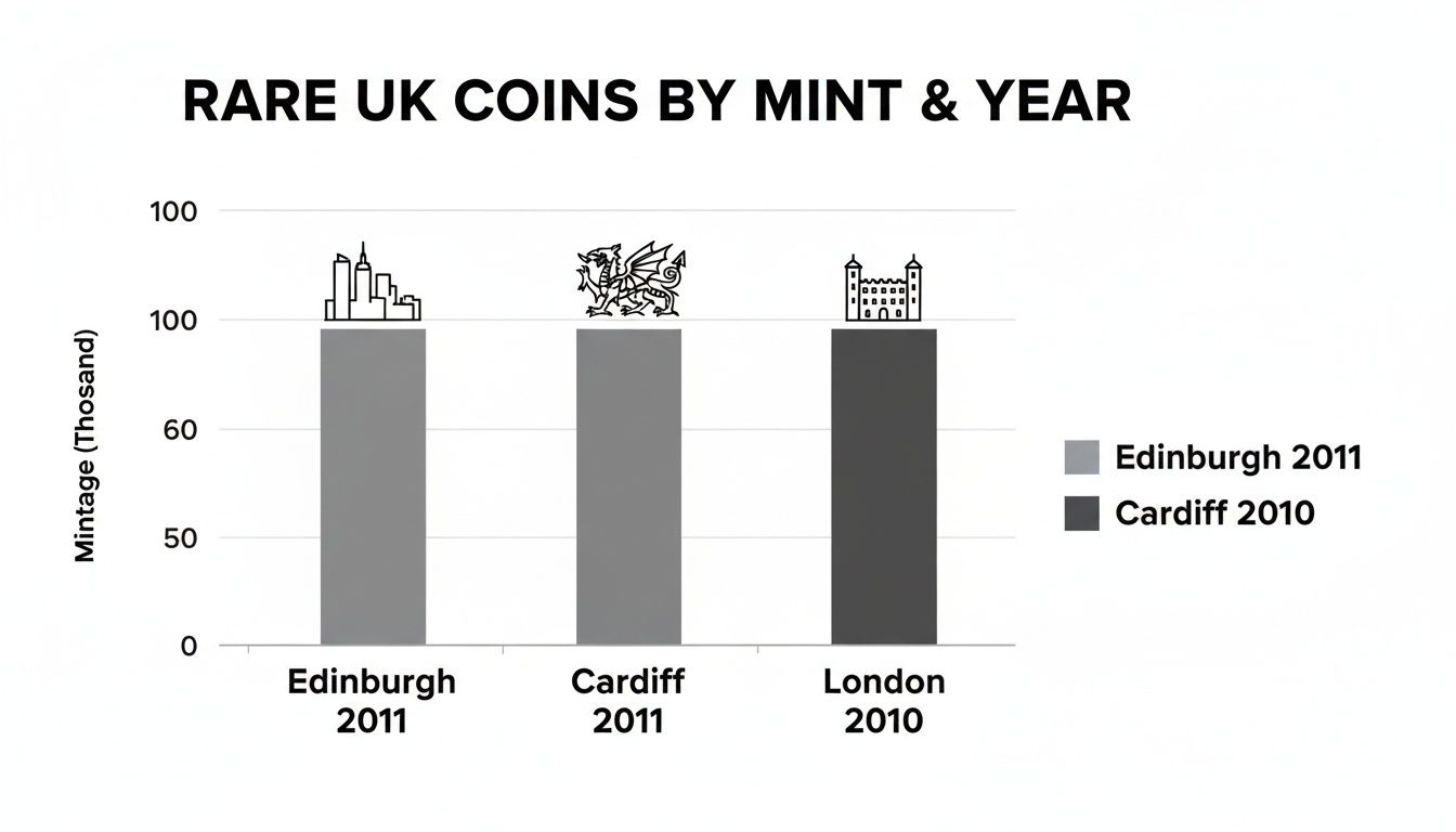 Bar chart displaying mintage figures for rare UK coins by mint and year.