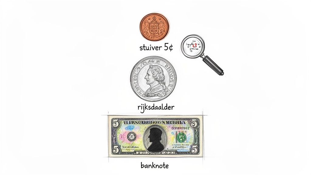 Three forms of old Dutch currency: a stuiver coin, a rijksdaalder coin, and a banknote.