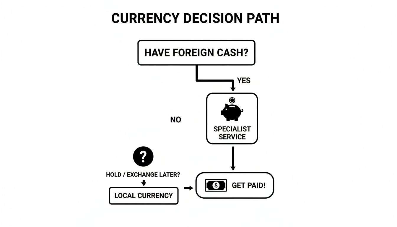 Flowchart illustrating the decision path for handling foreign cash, involving specialist services or local currency exchange to get paid.
