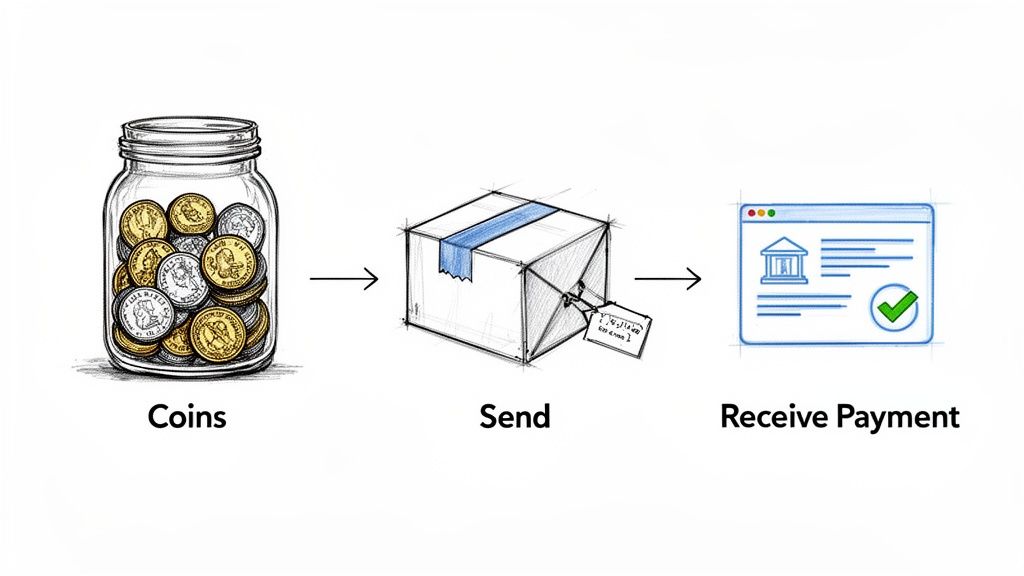 Sketch illustrating the process of sending physical coins in a box and receiving digital payment.