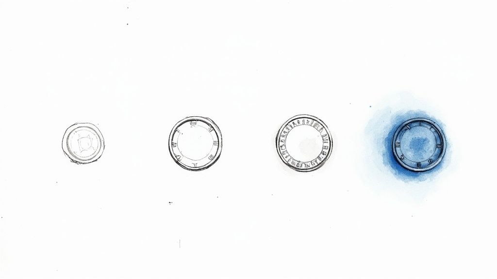 Sketches of four circular coins or tokens with various designs, one highlighted with blue watercolor.