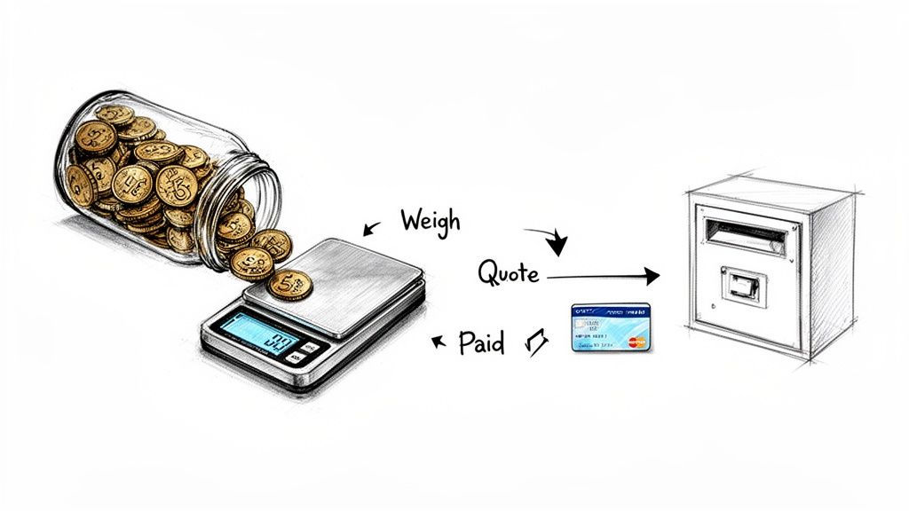 Diagram showing old 5p coins being weighed on a scale, then quoted, paid by card, and deposited into a machine.