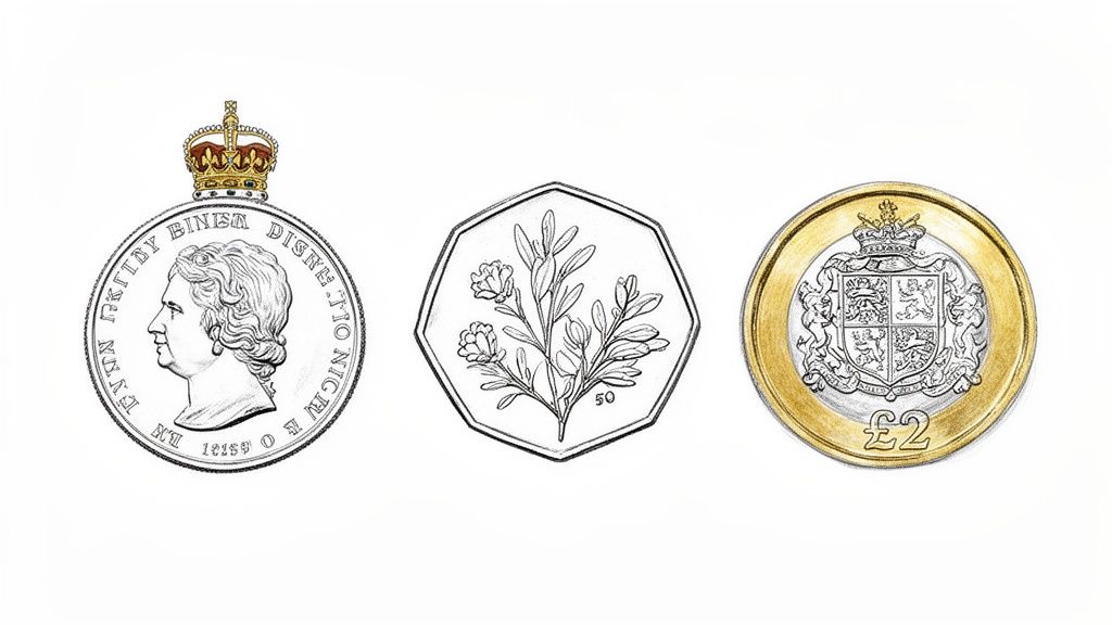 Three detailed illustrations of British coins: a historical medal, a 50p with flora, and a £2 coin with a royal crest.
