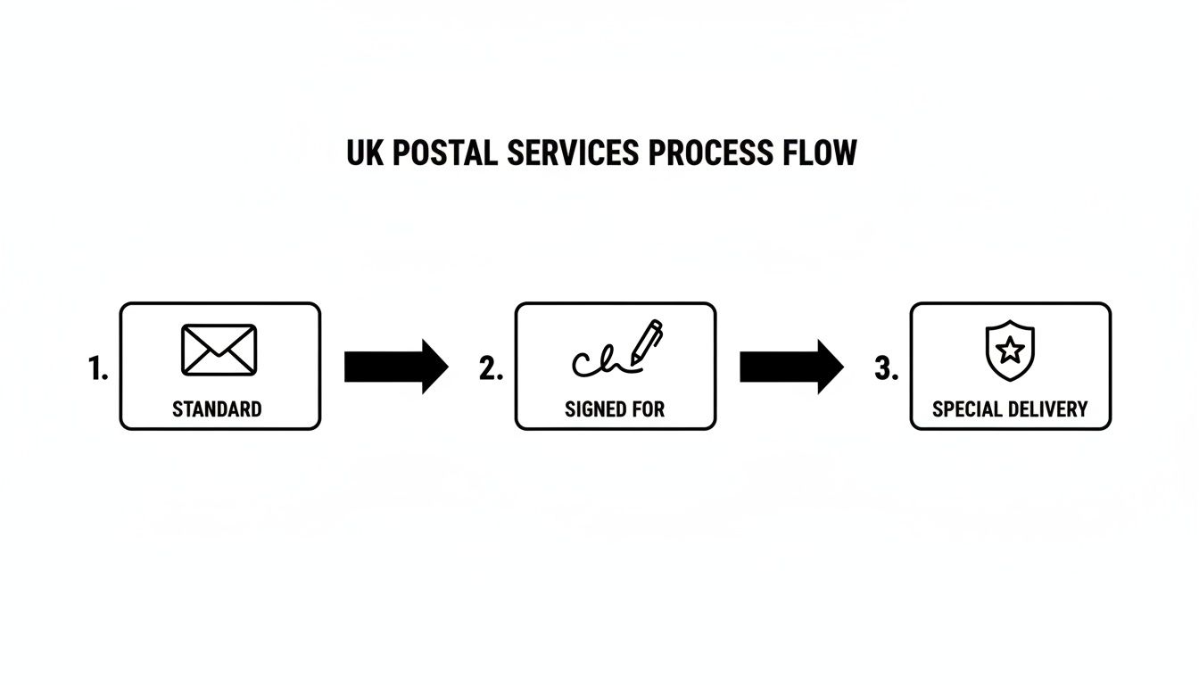 Flowchart illustrating UK postal services options: Standard, Signed For, and Special Delivery.