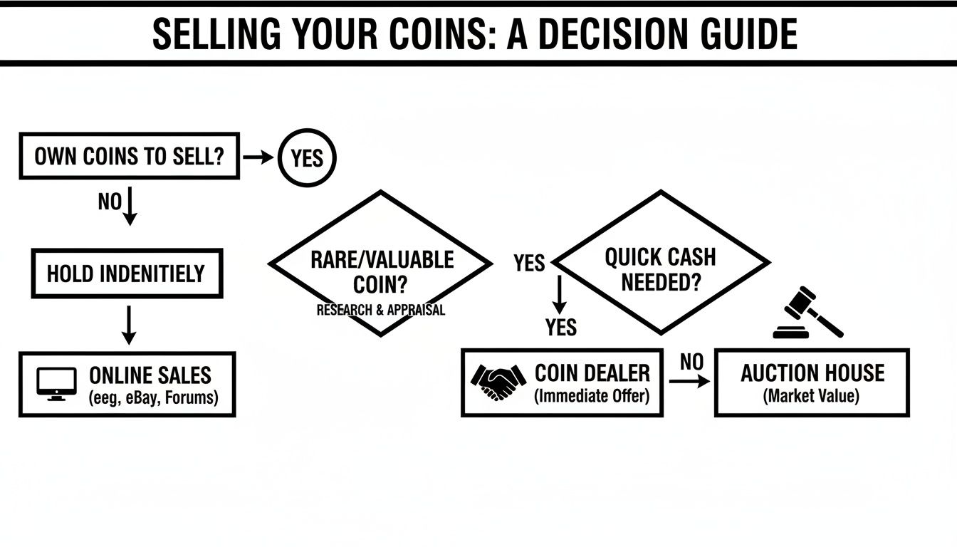 A flowchart decision guide on how to sell coins, including options for rare or valuable coins.