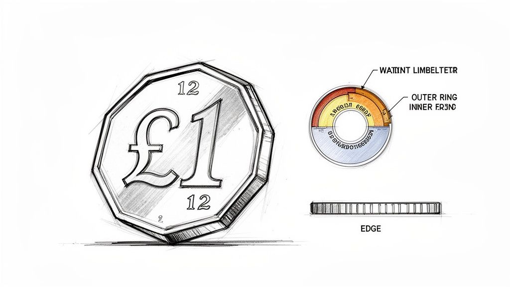 A detailed sketch showing a 12-sided £1 coin from different perspectives, including cross-section and edge.