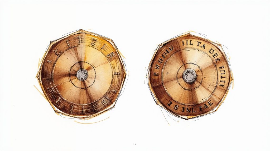 A person inspecting an old one pound coin with a magnifying glass