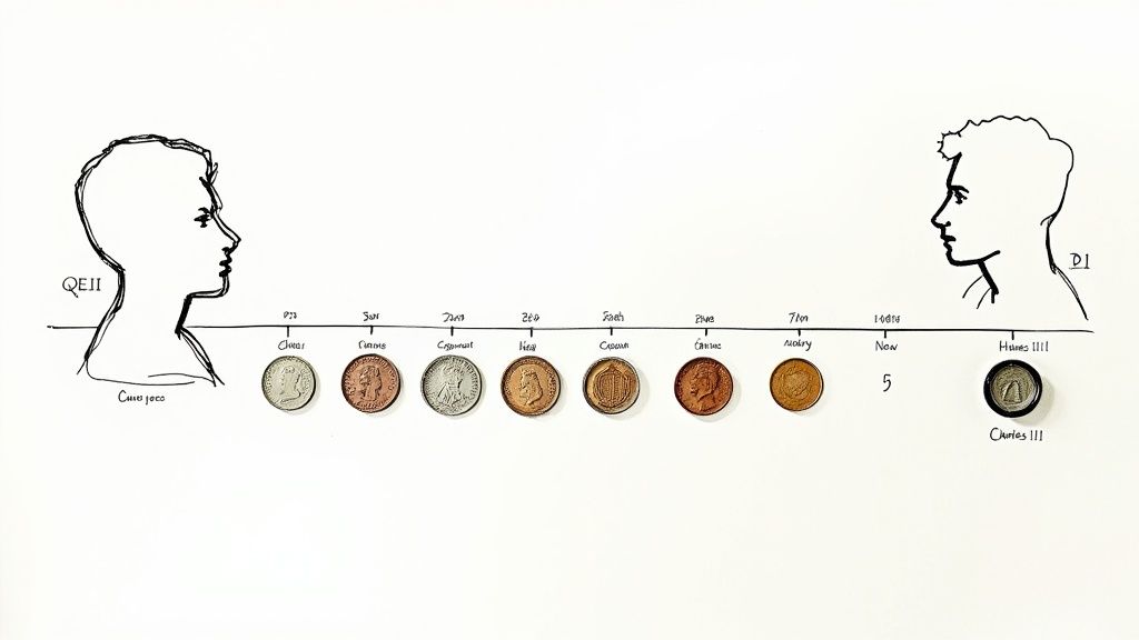 Modern UK coins being placed into a coin collectors album