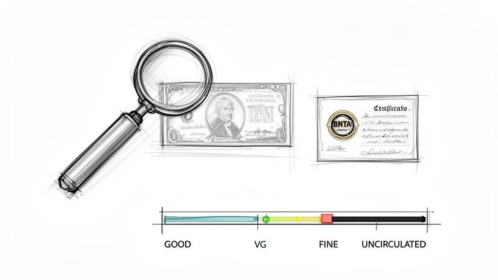 Sketch of a magnifying glass, banknote, BNTA certificate, and currency grading scale from good to uncirculated.