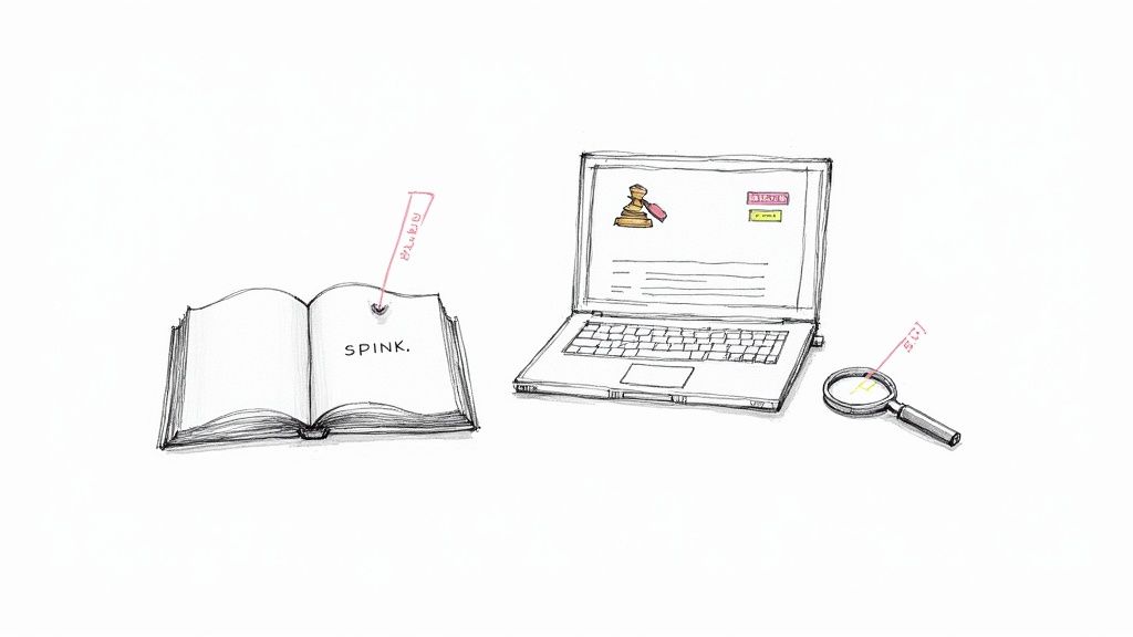 A detailed sketch showing an open book, a laptop, and a magnifying glass for research.