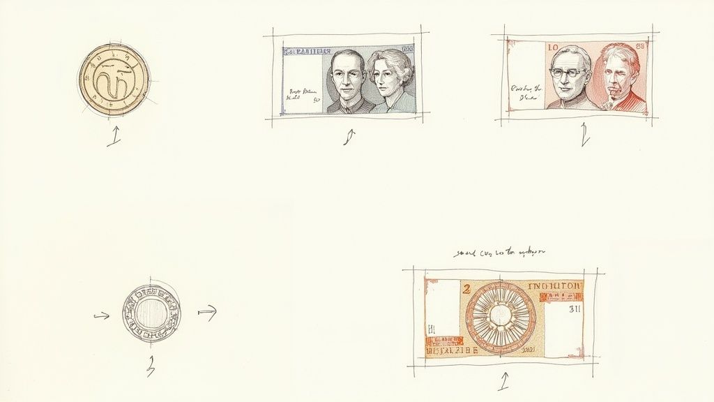 A collection of old Deutsche Mark banknotes and coins