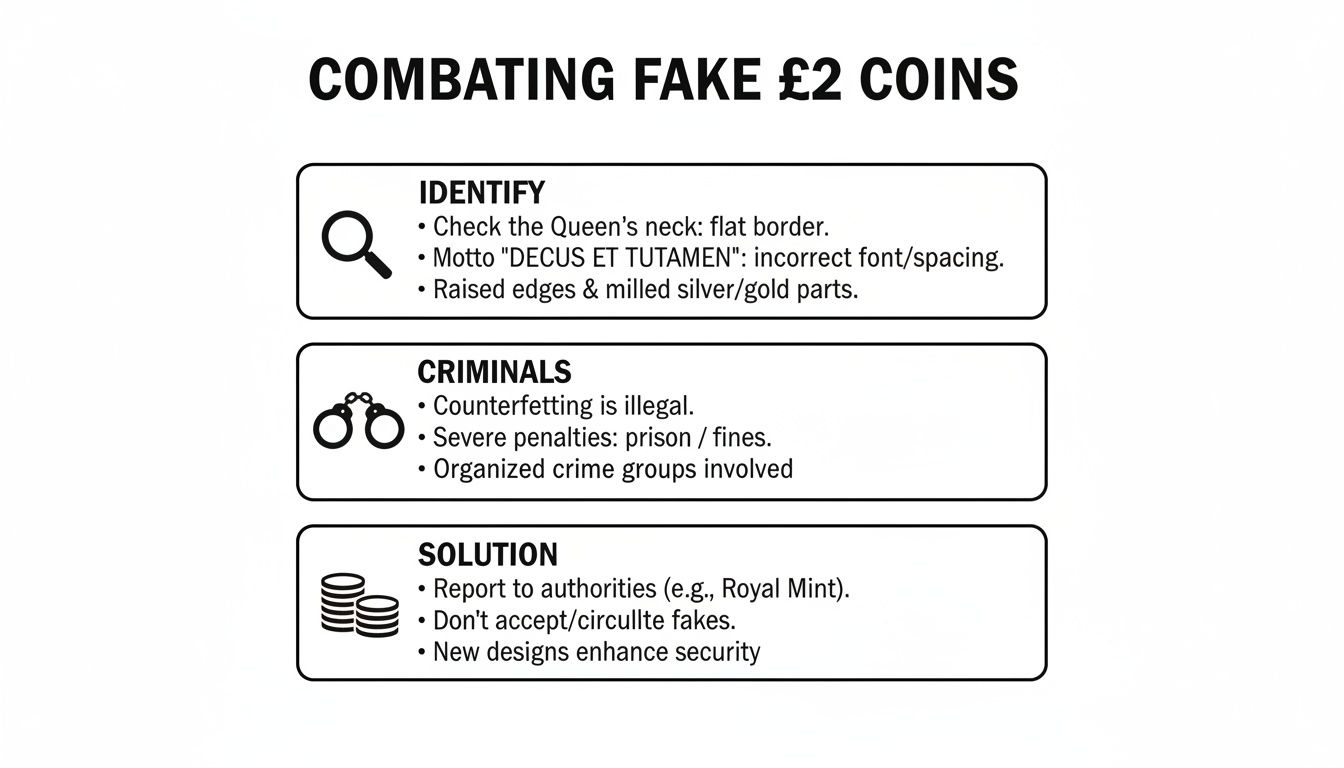Infographic on combating fake £2 coins, detailing identification, criminal penalties, and reporting solutions.