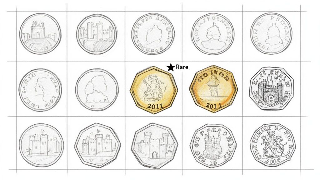 Grid displaying sketches of various coin designs, including castles, profiles, and two rare gold coins from 2011.