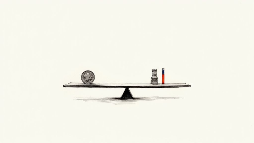 A minimalist sketch shows a balanced scale with a vintage coin and small symbolic objects.