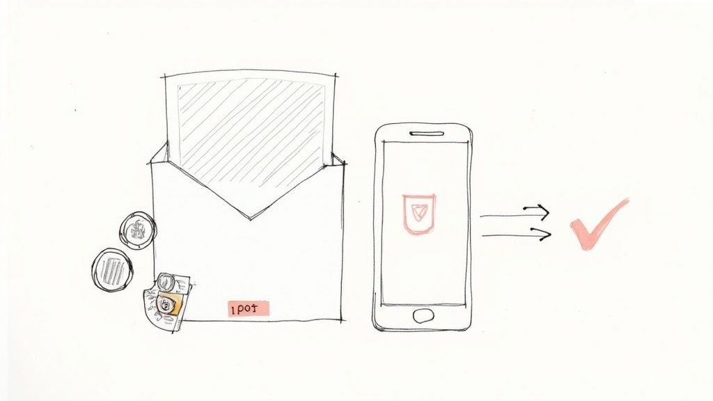 Hand-drawn image showing an envelope, coins, a smartphone, and a checkmark for secure online currency exchange.