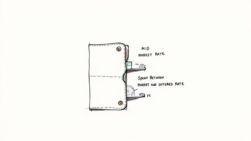 Diagram illustrating the spread between mid-market and offered currency exchange rates in a financial context.