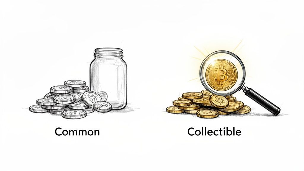 An illustration comparing common sketch coins with an empty jar to collectible gold Bitcoin coins under a magnifying glass.