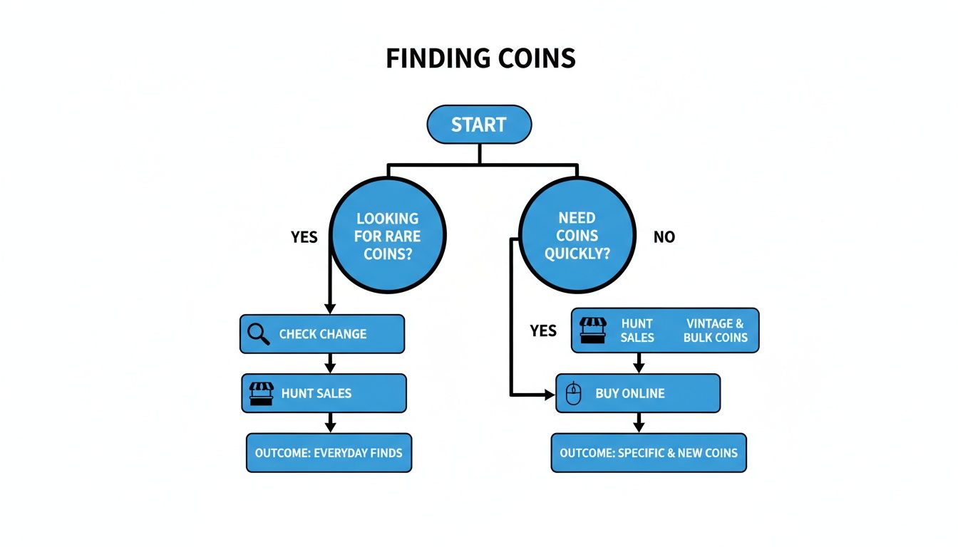 A flowchart illustrating different methods for finding coins, titled 'Finding Coins'.