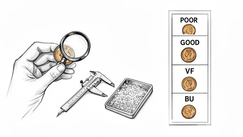 Tools for coin grading, including a magnifying glass, caliper, and a visual guide to coin conditions.