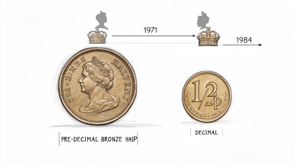 A diagram comparing pre-decimal bronze halfpenny and decimal 1/2p coins with historical dates and monarch silhouettes.