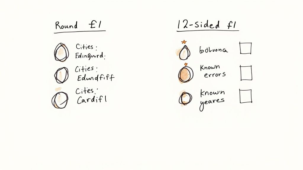 Handwritten notes compare round and 12-sided £1 coins, listing cities and known characteristics with checkboxes.