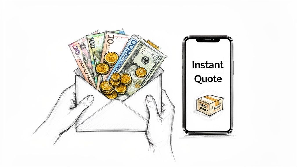 A sketch of hands holding an envelope full of money next to a smartphone showing 'Instant Quote' and 'FREE POST' delivery.