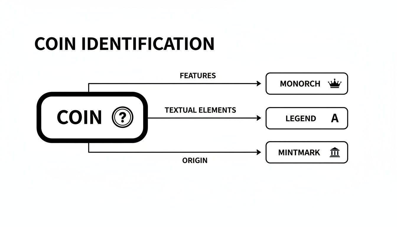 A flowchart illustrating coin identification methods, including features (monarch), textual elements (legend), and origin (mintmark).