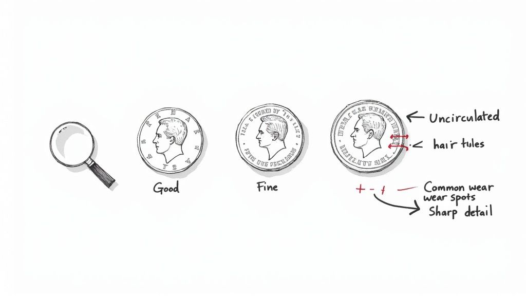 A magnifying glass next to three coins, illustrating coin grading from good to uncirculated, highlighting wear and detail.