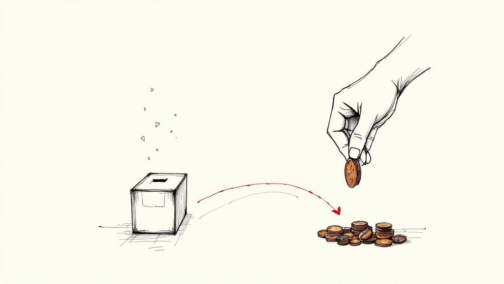 A collection box overflowing with various foreign coins for a charitable cause