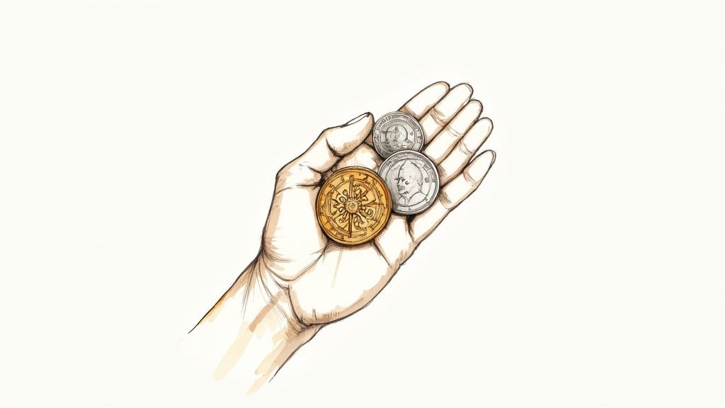 An illustrated hand holds three coins: one golden with a compass, two silver with portraits.
