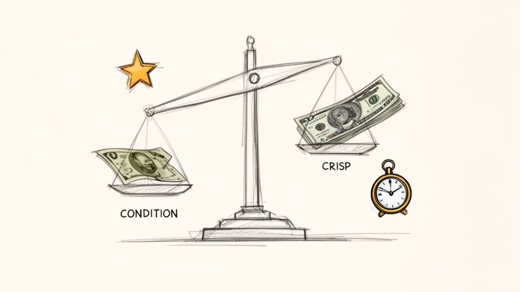 A scale balances a worn $10 bill on the left and a stack of crisp $100 bills on the right, illustrating currency value.