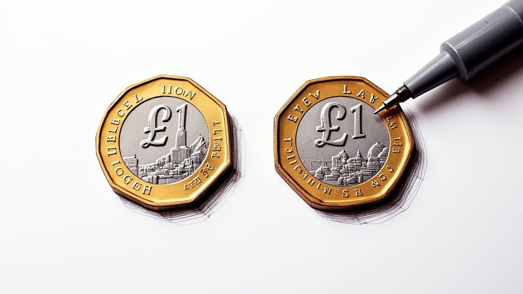 A magnified image showing a minting error on a one pound coin