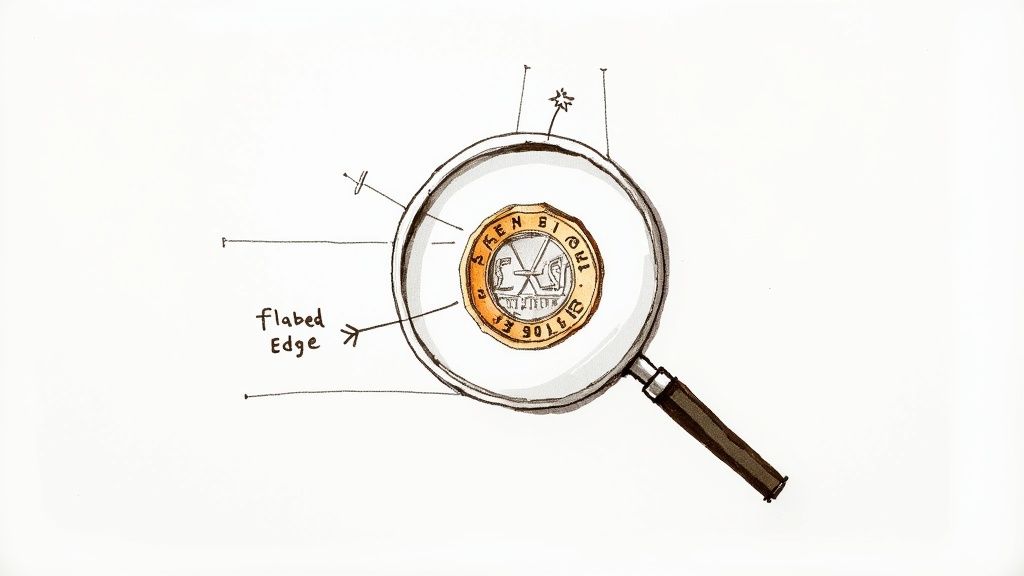 A close-up of a UK two-pound coin showing the edge inscription