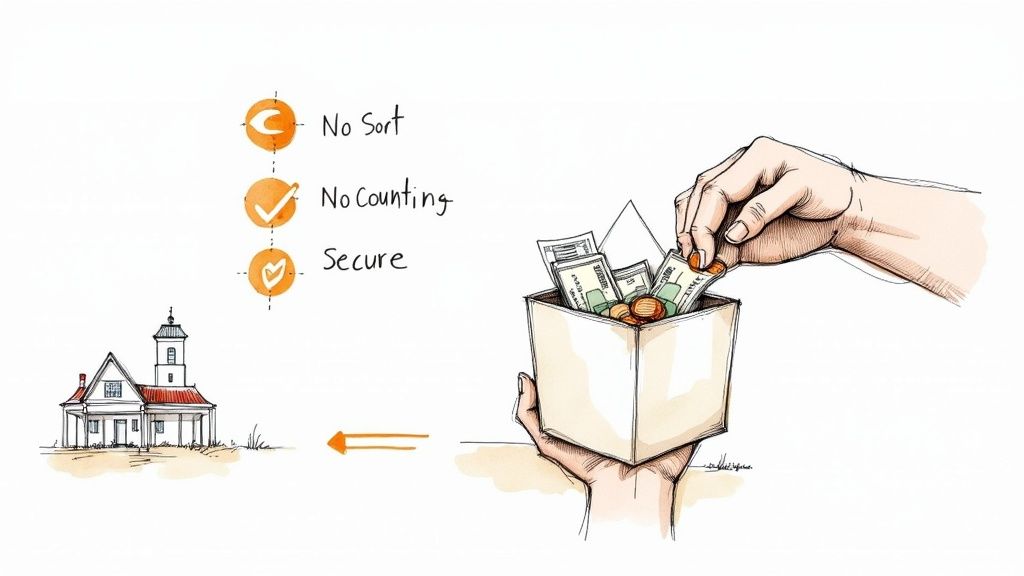 A person securely packaging mixed foreign coins and notes into a sturdy envelope for postal donation.