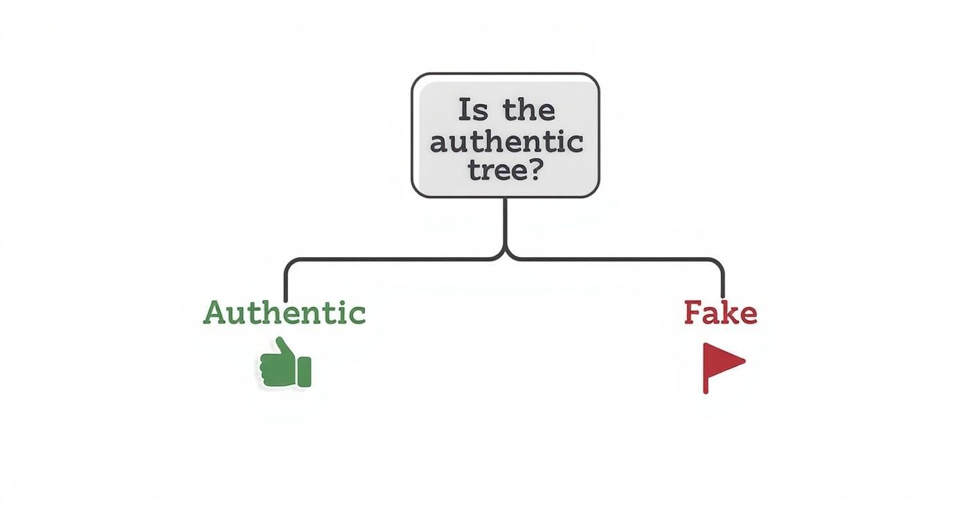 A flowchart asking "Is the authentic tree?", branching into "Authentic" with a thumbs-up and "Fake" with a red flag.