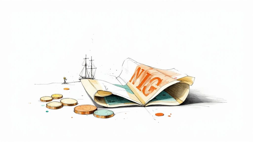A watercolor sketch depicting scattered coins, a crumpled paper with 'NIG' on it, and a distant sailing ship.