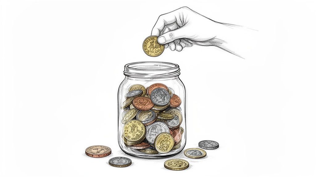 A hand drops a gold coin into a glass jar filled with various other coins, representing savings.