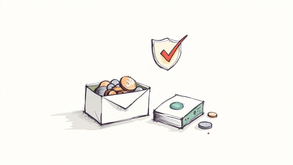 Financial security illustration with coins, paper money, and a shield checkmark.