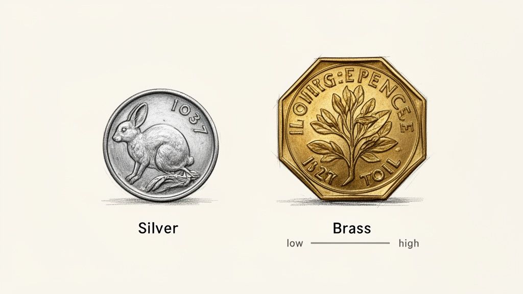 Illustrations of two coins: a round silver 1937 coin with a rabbit, and an octagonal brass 3 pence coin.