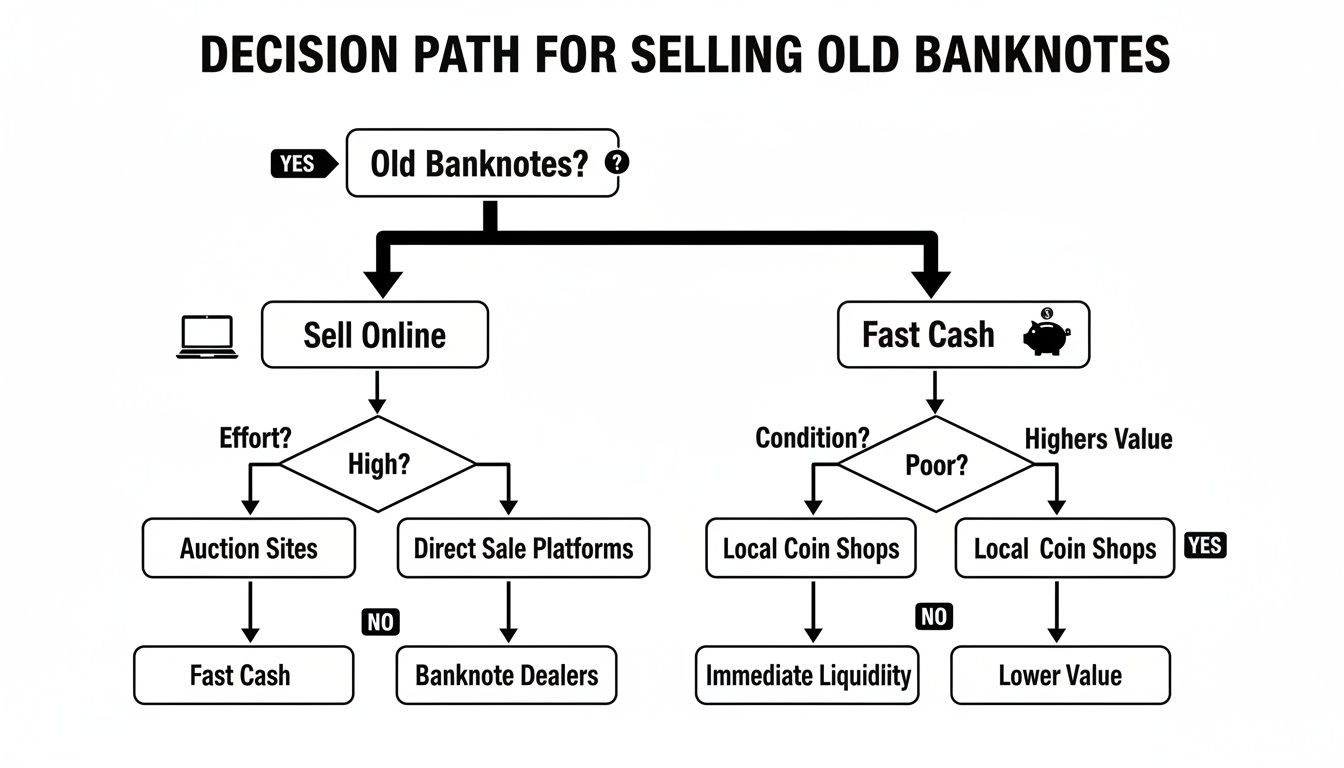 Flowchart illustrating decision paths for selling old banknotes, covering online options and fast cash methods.