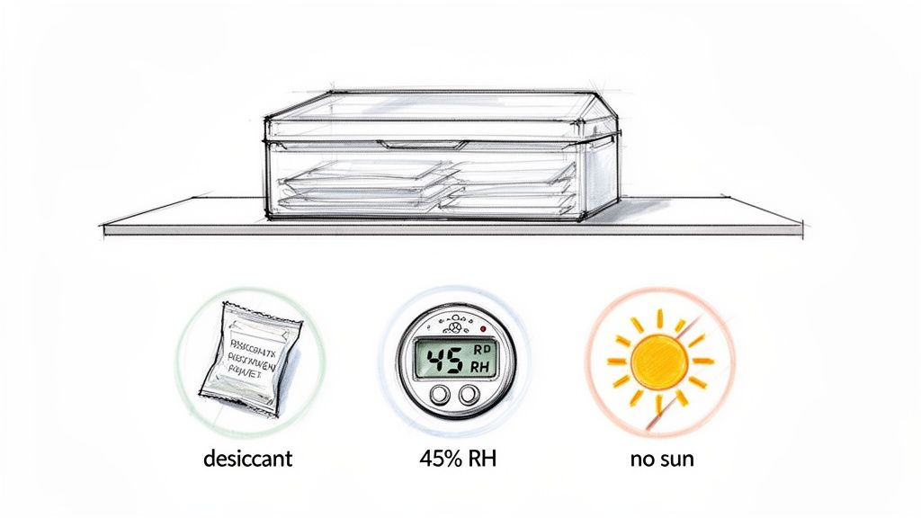 Illustration of optimal storage conditions: a container with a desiccant, 45% relative humidity, and no direct sun.
