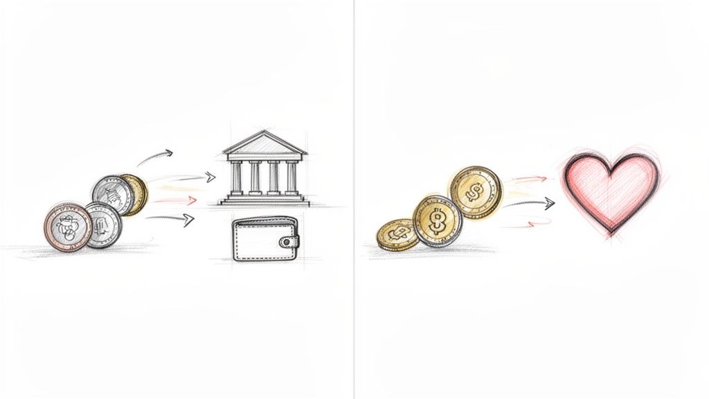 A drawing showing traditional coins moving towards a bank and wallet, while crypto coins move towards a heart.