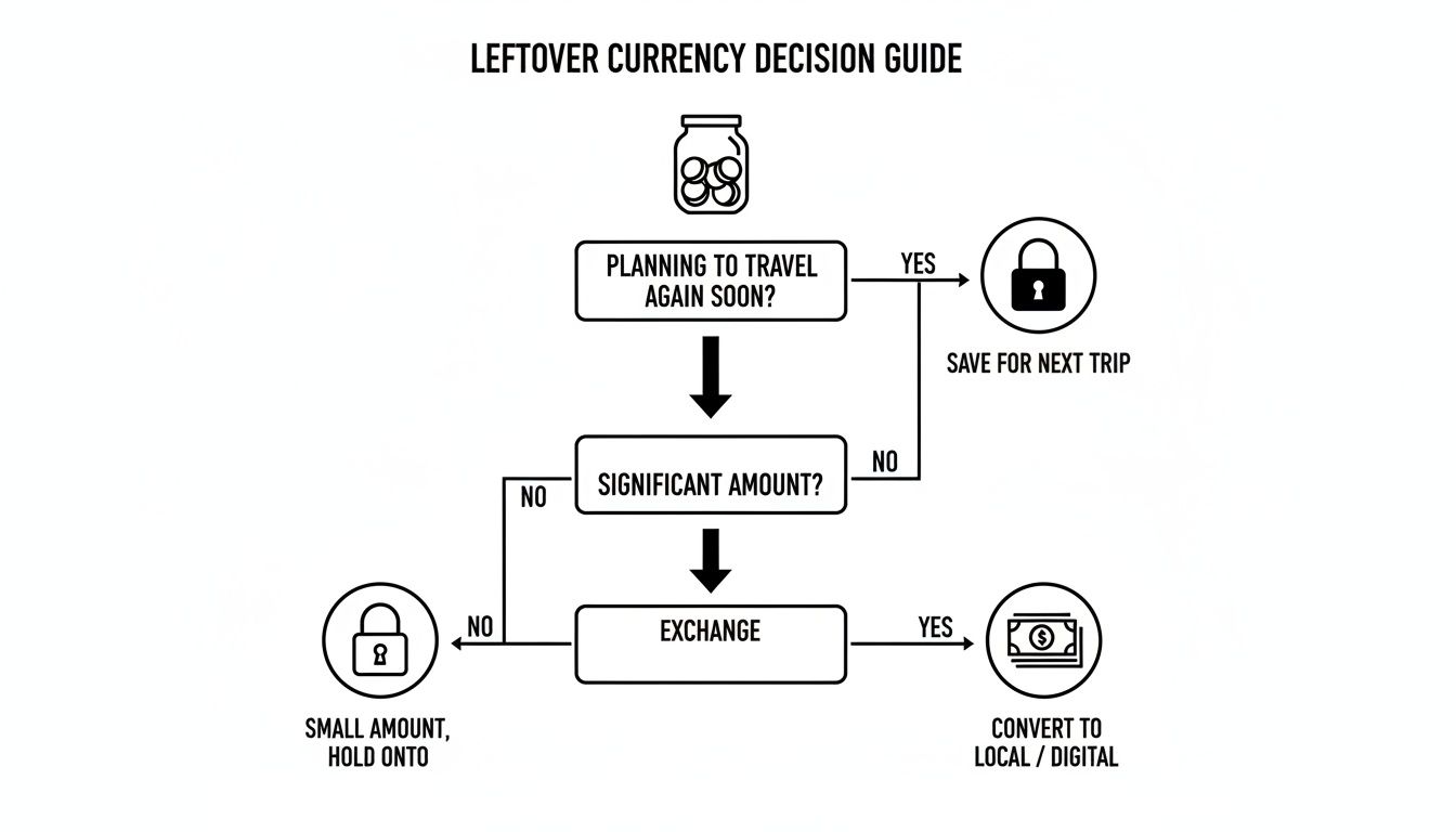 A flowchart guiding decisions for leftover travel currency, prompting users to save, hold, or convert.