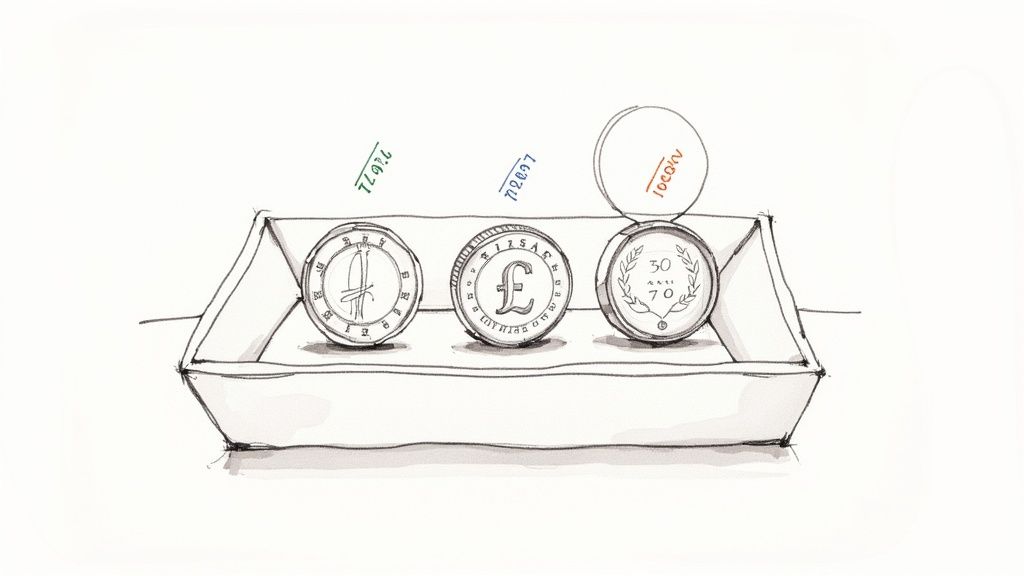 A collection of valuable round pound coins on a dark surface.