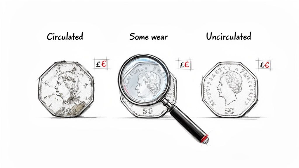Illustrations of 50p coins showing Queen Elizabeth II in circulated, somewhat worn, and uncirculated conditions.