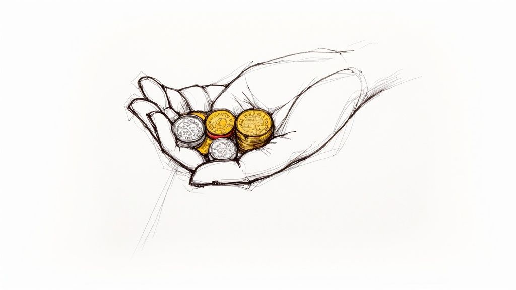 A detailed sketch drawing of an open hand holding a pile of gold and silver coins.
