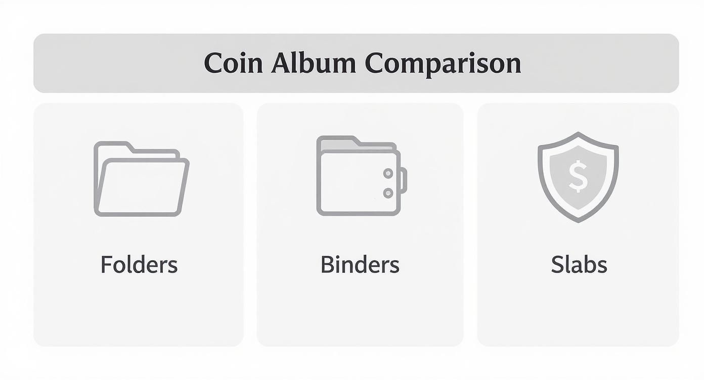 Three coin album storage options comparison showing folders, binders, and protective slabs with icons