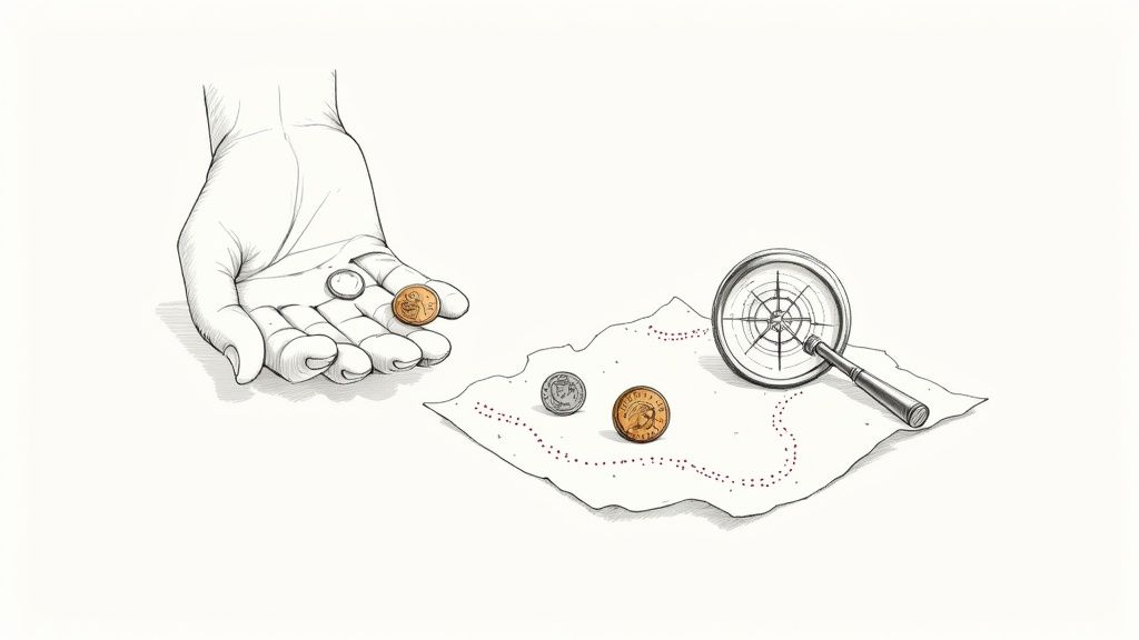 Hand holding coins with treasure map and magnifying glass illustrating coin collecting hobby