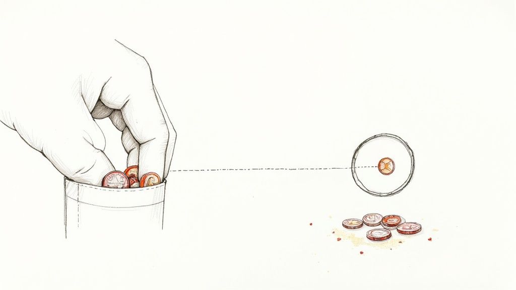 A magnifying glass hovering over a collection of various old UK coins, highlighting the details.